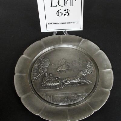 Currier and Ives Pewter Bas-Relief Plate The Road-Winter, 1st In Series