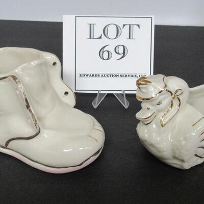 2 Small Pottery Planters, Shoe and Swan With Hat On