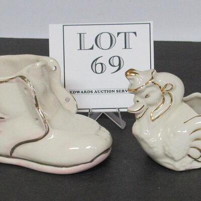 2 Small Pottery Planters, Shoe and Swan With Hat On