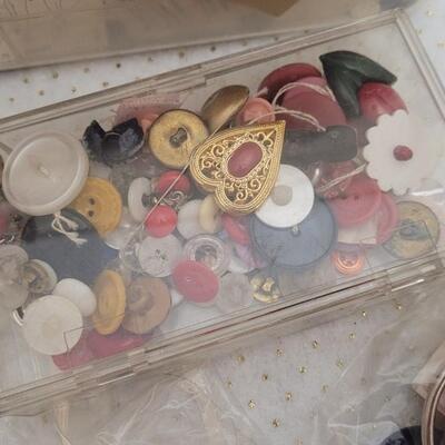 Lot 29: Large Plastic Bin of Assorted Vintage Buttons Sewing Essentials