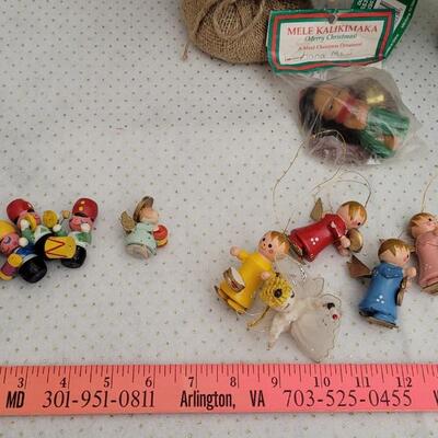 Lot 34: Large Assortment of Christmas Wooden Figures + (2) Small Table top Trees w/ Lights (both work)