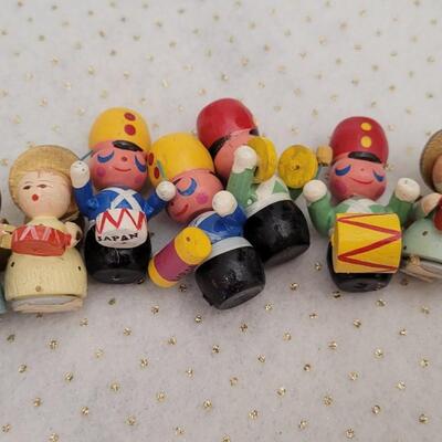 Lot 34: Large Assortment of Christmas Wooden Figures + (2) Small Table top Trees w/ Lights (both work)