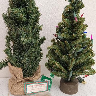 Lot 34: Large Assortment of Christmas Wooden Figures + (2) Small Table top Trees w/ Lights (both work)