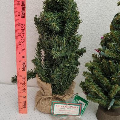 Lot 34: Large Assortment of Christmas Wooden Figures + (2) Small Table top Trees w/ Lights (both work)
