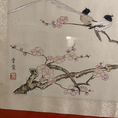 Chinese Pair of Doves on Cherry Blossom Tree Artwork