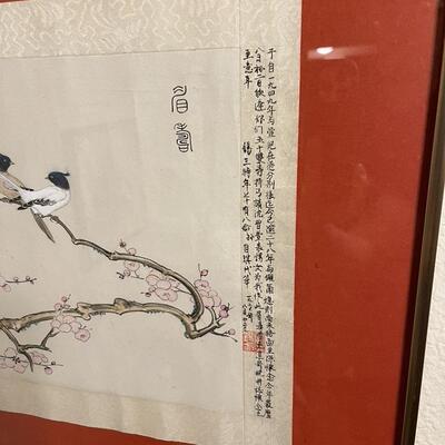 Chinese Pair of Doves on Cherry Blossom Tree Artwork