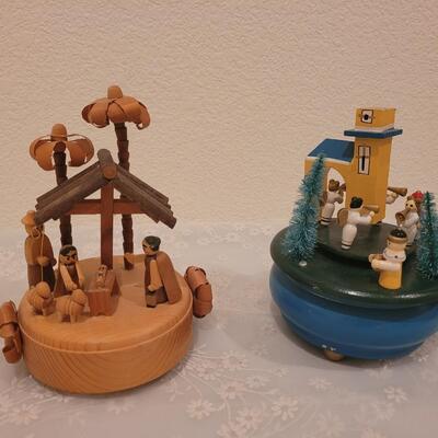 Lot 112: Nativity Music Box and Christmas Music Box (Colorful one has missing parts)