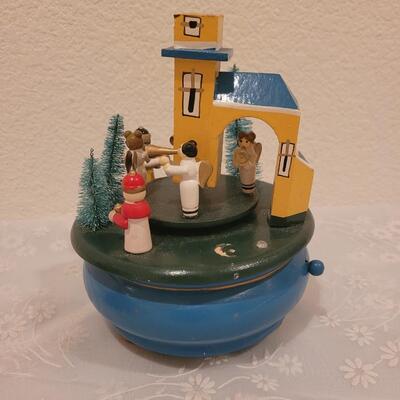 Lot 112: Nativity Music Box and Christmas Music Box (Colorful one has missing parts)