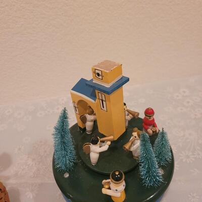Lot 112: Nativity Music Box and Christmas Music Box (Colorful one has missing parts)