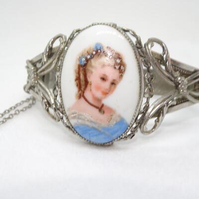 Pretty Blue Lady Limoge Porcelain Cameo Bracelet Silver filigree hinged Bracelet, Possibly Whiting & Davis 