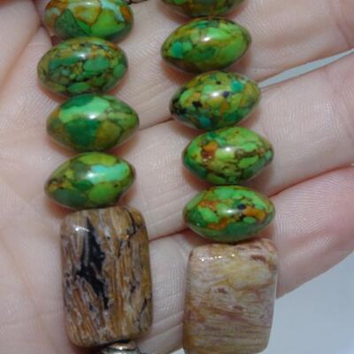 Chunky Lime Green Turquoise & Tigers Eye colored Necklace, Silver Accent Beads 