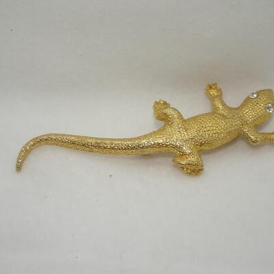 Gold Tone Lizard Gecko Pin, Rhinestone eyes