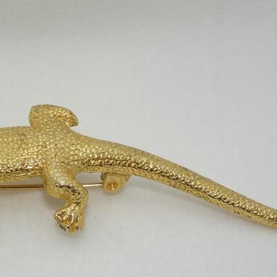 Gold Tone Lizard Gecko Pin, Rhinestone eyes