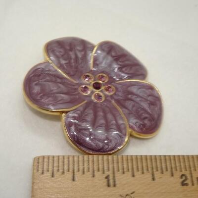 Purple Acrylic & Rhinestone Gold Tone Flower Pin 