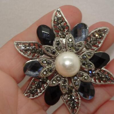 Pearl & Smokey Quartz Rhinestone Filigree Silver Tone Brooch - Statement Pin 