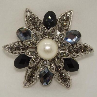 Pearl & Smokey Quartz Rhinestone Filigree Silver Tone Brooch - Statement Pin 