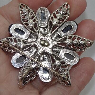 Pearl & Smokey Quartz Rhinestone Filigree Silver Tone Brooch - Statement Pin 