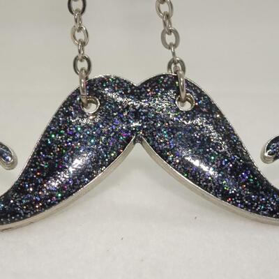 Fun Glitter Mustache Silver Tone Necklace 