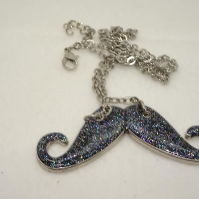 Fun Glitter Mustache Silver Tone Necklace 