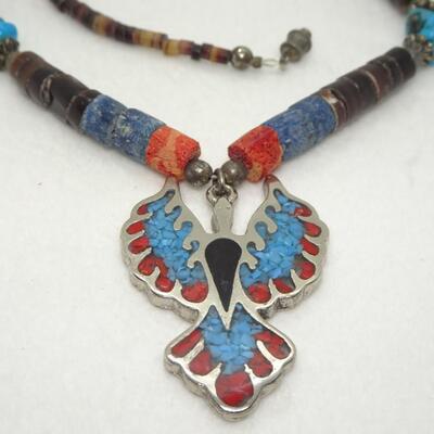 Vintage chipped in-laid Red Coral & Turquoise Silver Thunderbird necklace, turquoise beads