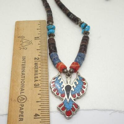 Vintage chipped in-laid Red Coral & Turquoise Silver Thunderbird necklace, turquoise beads