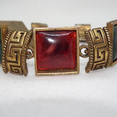 Aztec Style Gold Tone Link Bracelet, Reds & Greens 