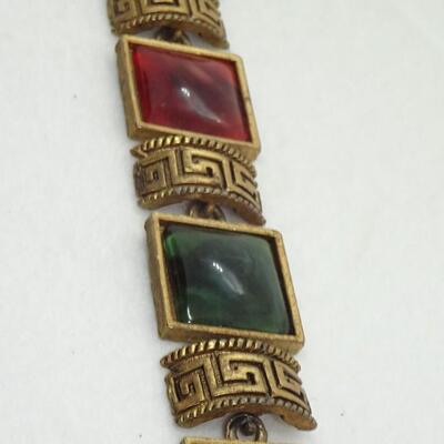 Aztec Style Gold Tone Link Bracelet, Reds & Greens 