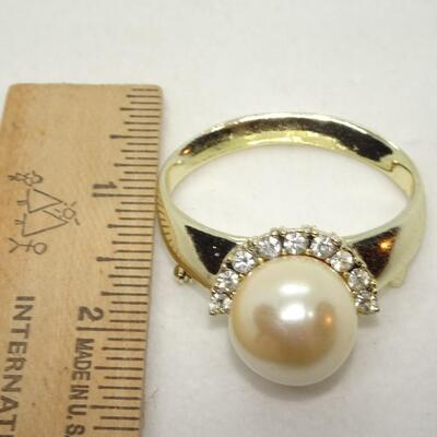 Pearl & Rhinestones Oversized Ring Brooch, Signed AJC 