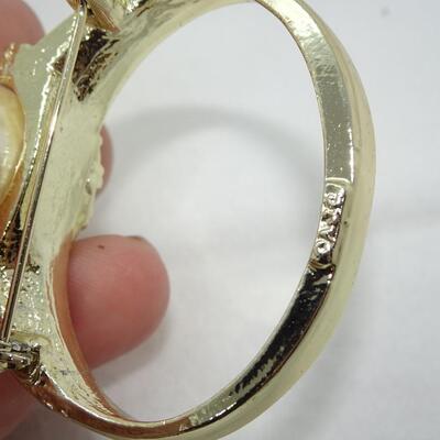 Pearl & Rhinestones Oversized Ring Brooch, Signed AJC 