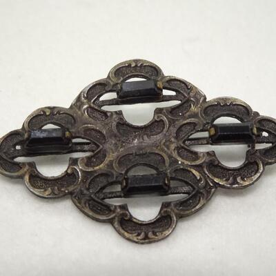 Victorian Filigree Black Stone Pin Brooch 