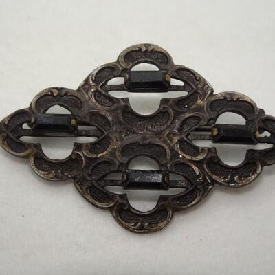 Victorian Filigree Black Stone Pin Brooch 
