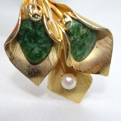 Gold Overlay, Triple Lily Pin, Jasper & Pearl - Mid Century 