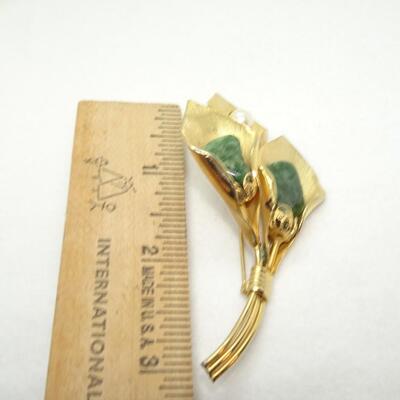 Gold Overlay, Triple Lily Pin, Jasper & Pearl - Mid Century 