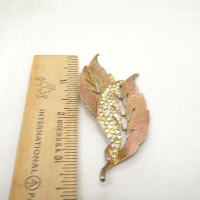 Gold Tone Rhinestone Double Leaf Pin - Discoloration 