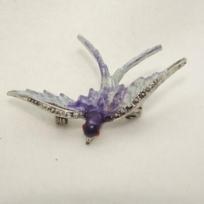Victorian Style Enamel & Rhinestone Barn Swallow Pin  - Purple Swallow Brooch 