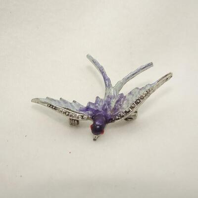 Victorian Style Enamel & Rhinestone Barn Swallow Pin  - Purple Swallow Brooch 