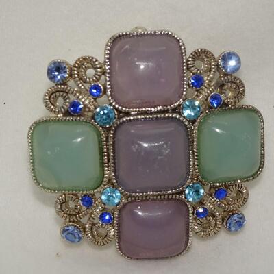 Silver Tone Blue Rhinestone Purple & Green Brooch 