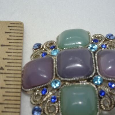 Silver Tone Blue Rhinestone Purple & Green Brooch 