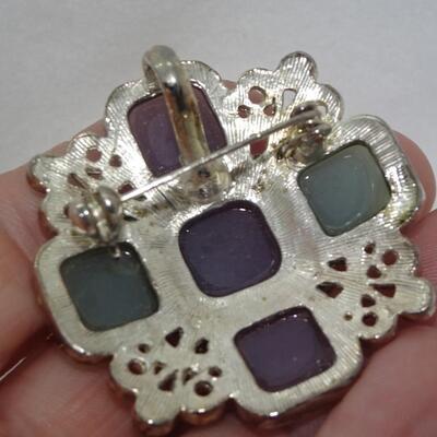 Silver Tone Blue Rhinestone Purple & Green Brooch 