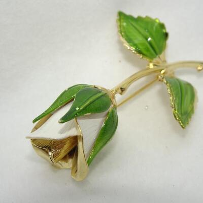 Signed Giovanni Enameled White Rose Brooch, Mid Century Flower Pin 