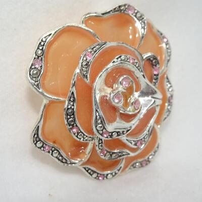 Peach Color & Pink Rhinestone Orange Flower Pin 