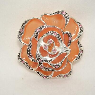 Peach Color & Pink Rhinestone Orange Flower Pin 