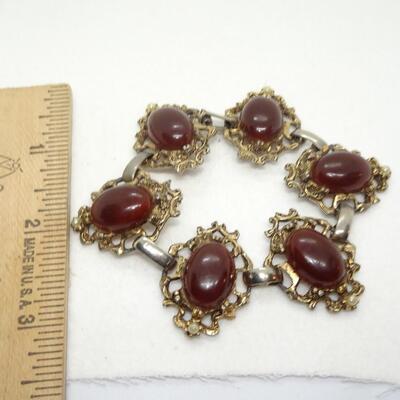 Amber Brown Colored Gold Tone Mid Century Filigree Link Bracelet 