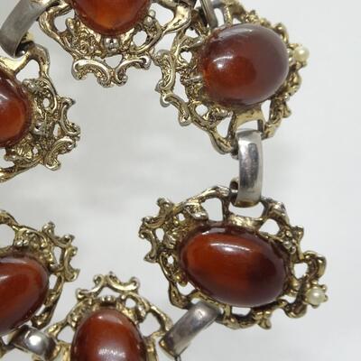 Amber Brown Colored Gold Tone Mid Century Filigree Link Bracelet 