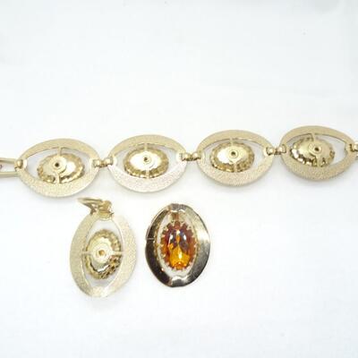 Mid Century Gold Tone Amber Colored Rhinestone Link Bracelet, Matching Clip Earring Set 