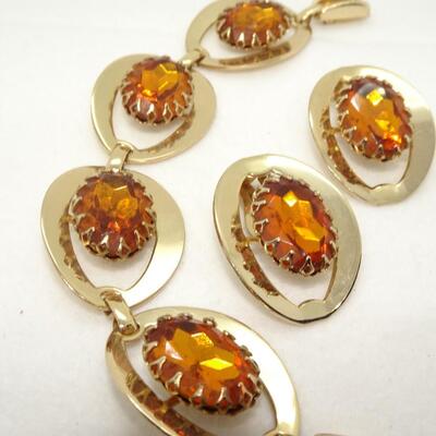 Mid Century Gold Tone Amber Colored Rhinestone Link Bracelet, Matching Clip Earring Set 
