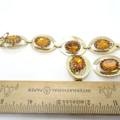 Mid Century Gold Tone Amber Colored Rhinestone Link Bracelet, Matching Clip Earring Set 