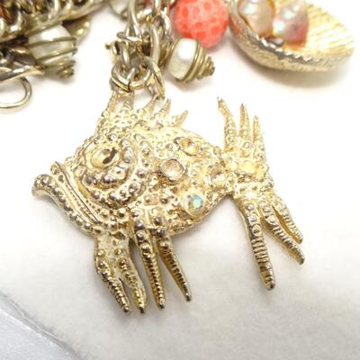 Mid Century Nautical Oversized Charm Bracelet, Seashells, Angel Fish, Eiffel Tower, Starfish  