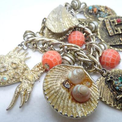 Mid Century Nautical Oversized Charm Bracelet, Seashells, Angel Fish, Eiffel Tower, Starfish  