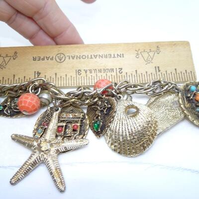 Mid Century Nautical Oversized Charm Bracelet, Seashells, Angel Fish, Eiffel Tower, Starfish  